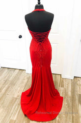 Halter Neck Mermaid Backless Red Lace Long Semi Formal Prom Dresses, Mermaid Red Formal Dresses, Red Lace Evening Dresses